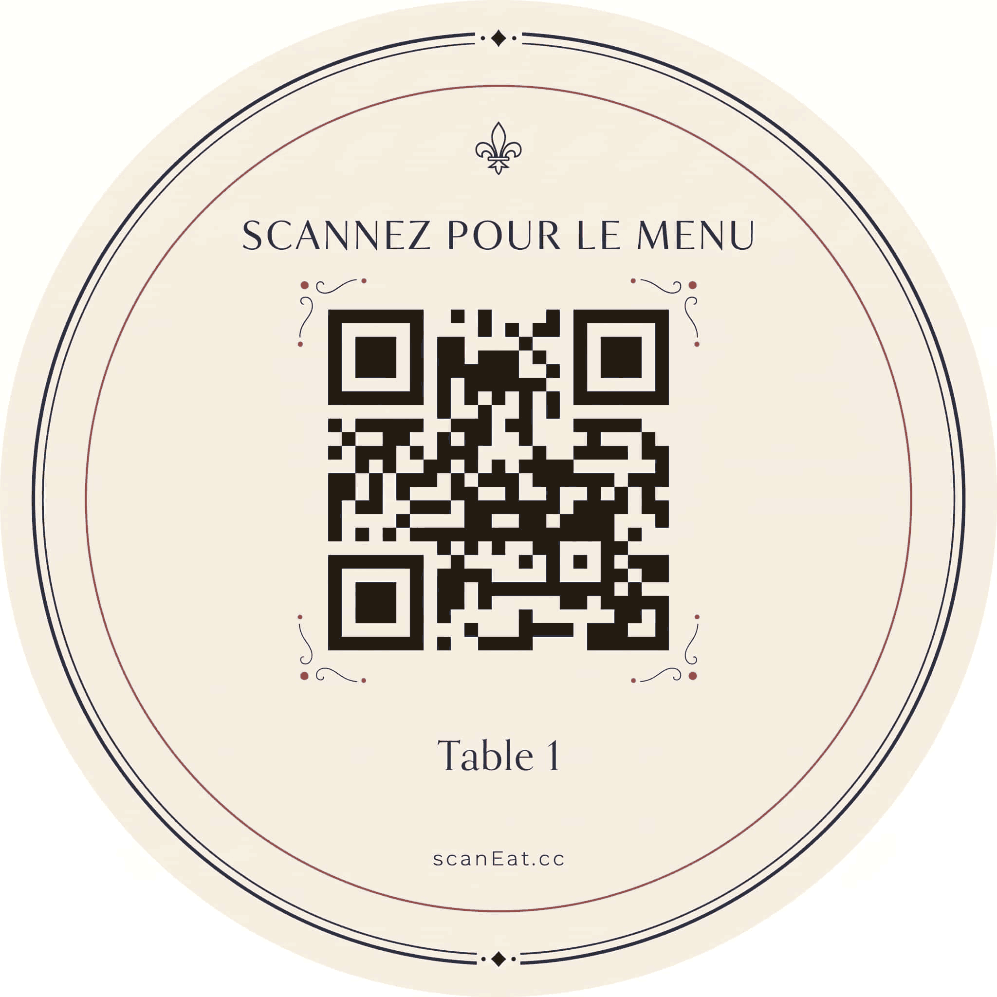 Posavasos ScanEat: «Scannez la carte» (escanea la carta), un código QR, mesa 1, scaneat.cc